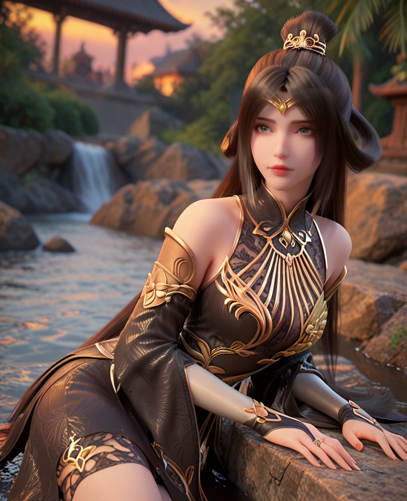 (oriental architecture, elegant decor, sophisticated style:1.1),Sitting on a dock, feet in the water, watching the sunset with awe,,(breasts:1.2),<lora:XL完美世界魔女2:0.95>,miss monv,solo,black dress,green eyes,circlet,black hair,long hair,hair bun,white  streaked hair,lips,claw rings,jewelry,detached sleeves,bridal gauntlets,hair rings,, zPDXL2, score_9, score_8_up, score_7_up BREAK realistic, masterpiece,best quality, highly detailed,, zPDXL3, zPDXL2,zPDXL, zPDXLxxx, zPDXLrl,