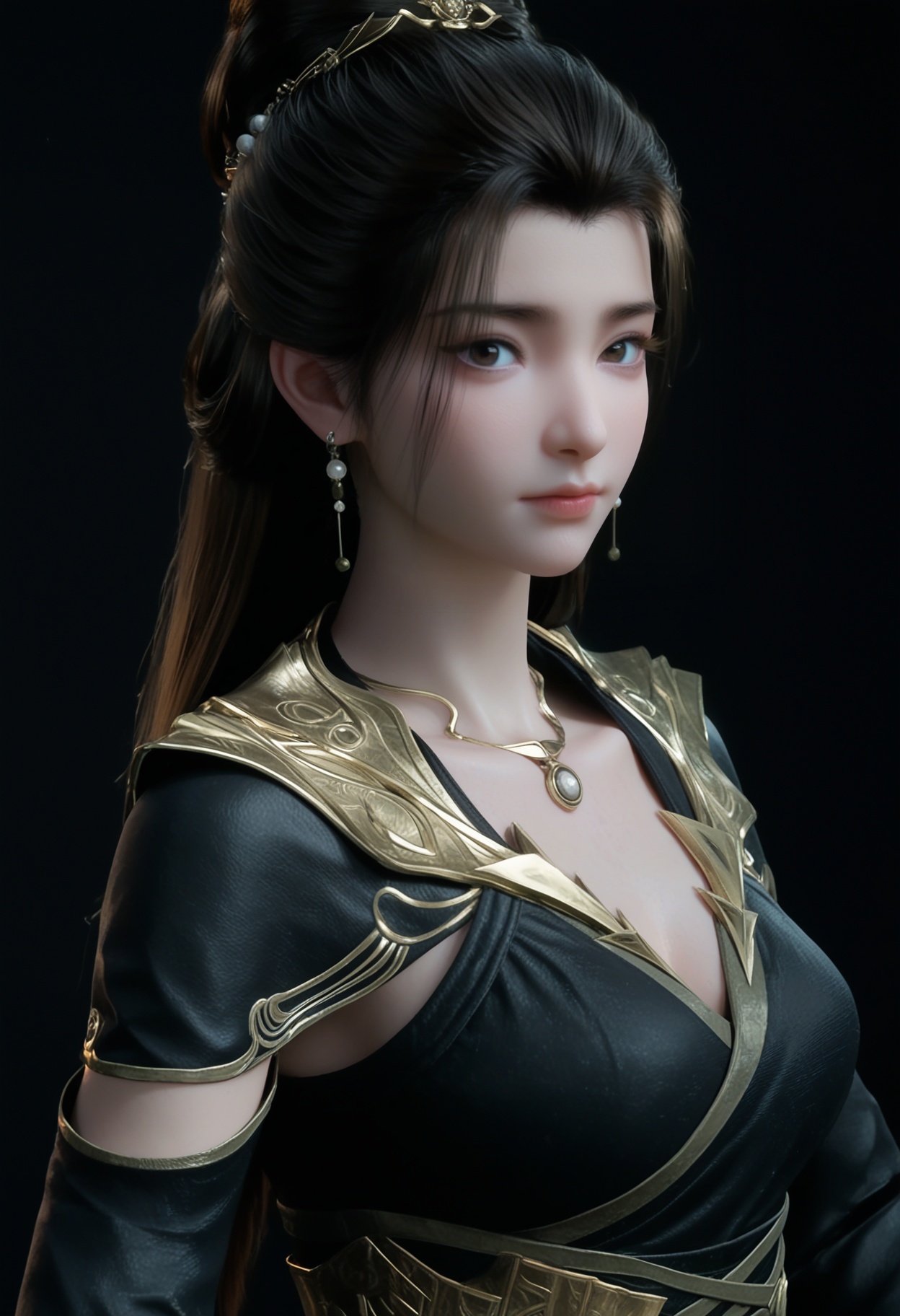 (upper_body:1.2),score_9,score_8_up,masterpiece,(best quality),intricate details,facing viewer,(looking at viewer:1.1),<lora:YQ_pony_yanruyan_V4:0.8>,q1528437228,1girl,solo,black hair,long hair,jewelry,earrings,necklace,black dress,dress,black eyes,long sleeves,hair bun,ponytail,wide sleeves,sash,single hair bun,hair ornament,detached sleeves,brown hair,pale skin,boots,black footwear,BREAKscore_9,score_8_up,masterpiece,(best quality),perfect anatomy,(hourglass),perfect face,(simple background,pure black background,black background:1.1),fair_skin,shiny_skin,Ivory_skin,