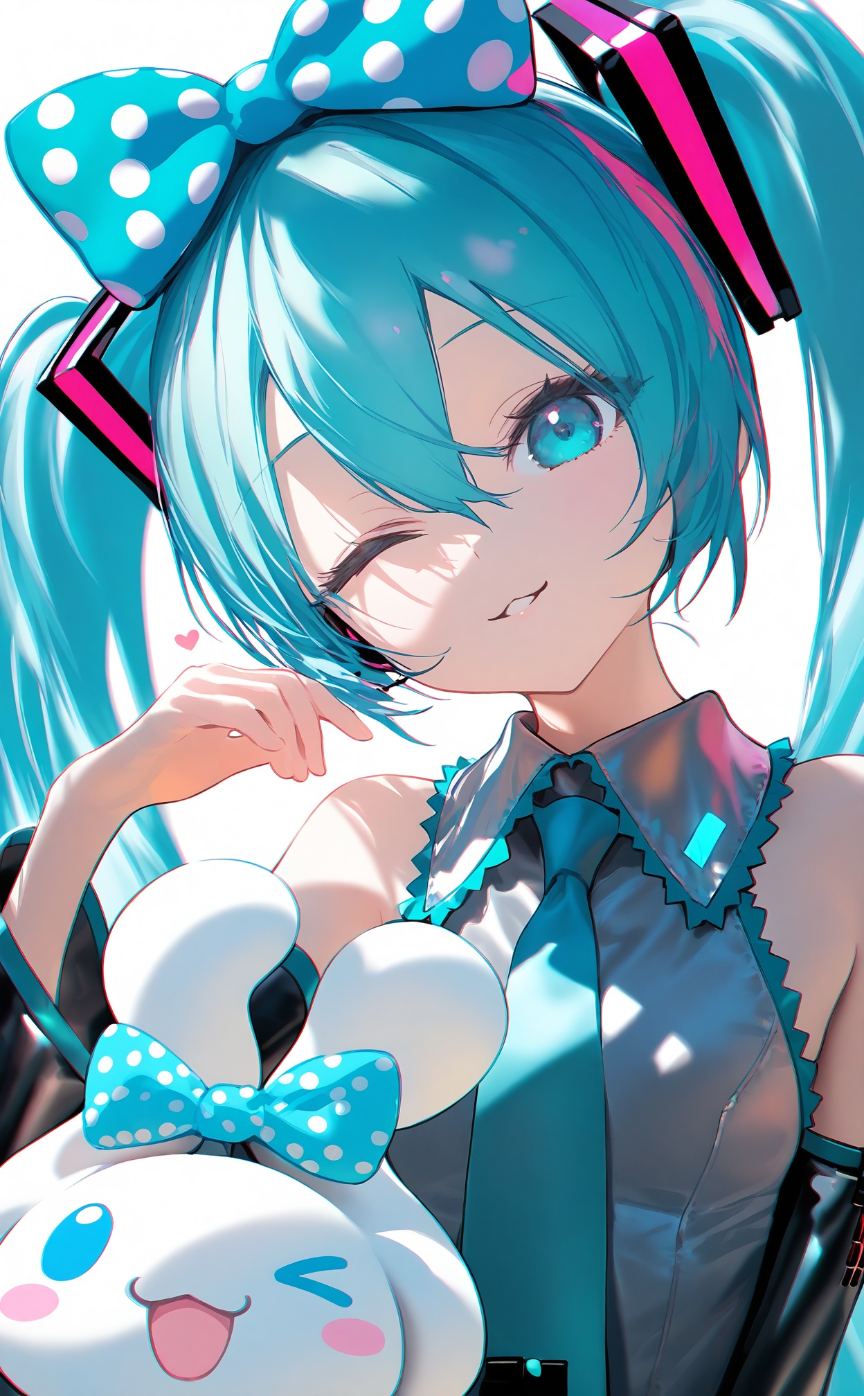 masterpiece,highres,absurdres,newest,best quality,high quality,loli,petite,chromatic_aberration,//, 1girl, cinnamoroll, bow, hatsune miku, necktie, detached sleeves, shirt, updo, heart, looking at viewer, hair bow, blue bow, collared shirt, white background, upper body, one eye closed, aqua eyes, sleeveless, hair between eyes, ear bow, simple background, aqua necktie, >_o, aqua hair, open mouth, sleeveless shirt, grey shirt, black sleeves, smile, hand up, polka dot, bare shoulders, blue necktie, aqua bow, blue eyes, blue hair, matching outfits, :3, hatsune miku \(cosplay\), frilled shirt, hair ornament, long hair, parted lips, polka dot bow//,//,<lora:MAQ1109——【noob】hans:1>,