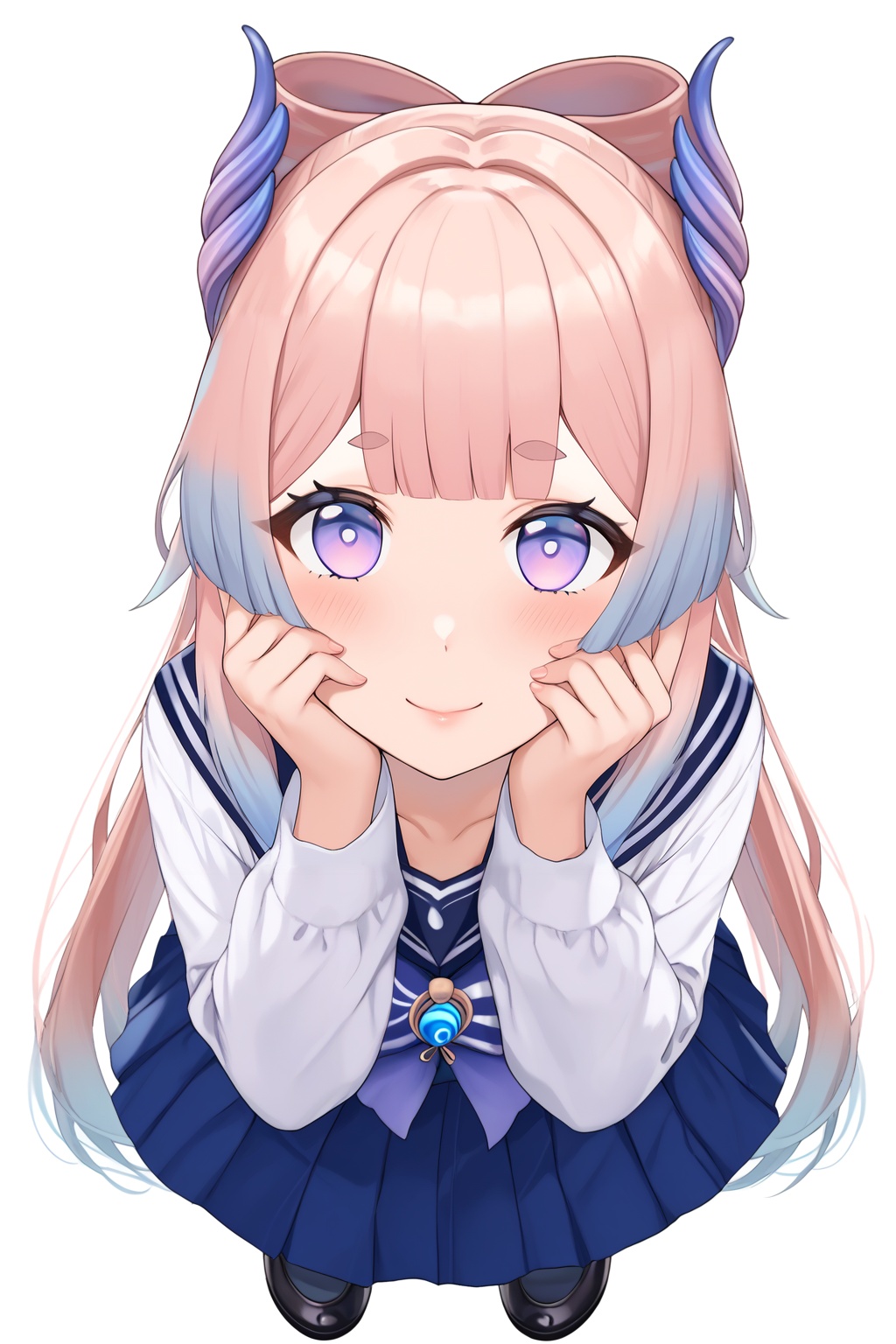score_9,score_8_up,score_7_up,score_6_up,score_5_up,score_4_up,source_anime,source_cartoon,<lora:Sangonomiya KokomiTuPONYXL-000001:1>,sangonomiya kokomi,1girl,squatting,solo,school uniform,thighhighs,purple eyes,bow-shaped hair,pink hair,smile,fish,skirt,white background,long hair,looking at viewer,long sleeves,serafuku,blue skirt,sailor collar,black thighhighs,simple background,pink hair,shirt,blue sailor collar,hands on own face,black footwear,white shirt,closed mouth,blush,colored tips,full body,blunt bangs,pleated skirt,from above,looking up,