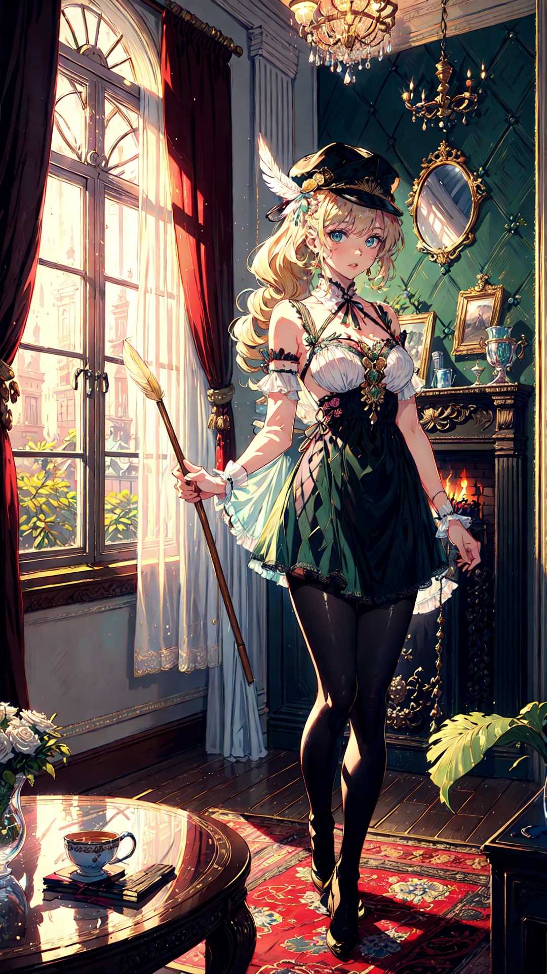 tutututu, breasts, medium breasts, see-through, underwear, lingerie, skirt,black pantyhose, (masterpiece, best quality, extremely delicate, beautiful, highres, original),  with curly blonde hair, bright green eyes, light skin, petite, a cap, and sometimes carrying a feather duster, Set within a quintessentially Parisian apartment, adorned with gold and white trimmings, high ceilings, tall windows with heavy velvet drapes, ornate furniture adorned with gold leaf, a fireplace flickering warmly, and delicate china arranged meticulously on a polished wooden table,<lora:add_detail:0.2> <lora:tutucs_v1:0.85>