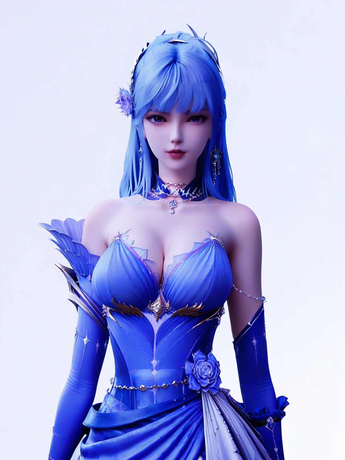 score_9,1girl,solo,bare shoulders,blue hair,breasts,detached sleeves,bangs,lipstick, eyelashes, large breasts,blue dress,standing,long hair,looking at viewer,white background,simple background,cowboy_shot,<lora:SF_ShengCaiErThirdClothesPony_Realism2.3-000004:0.7>,