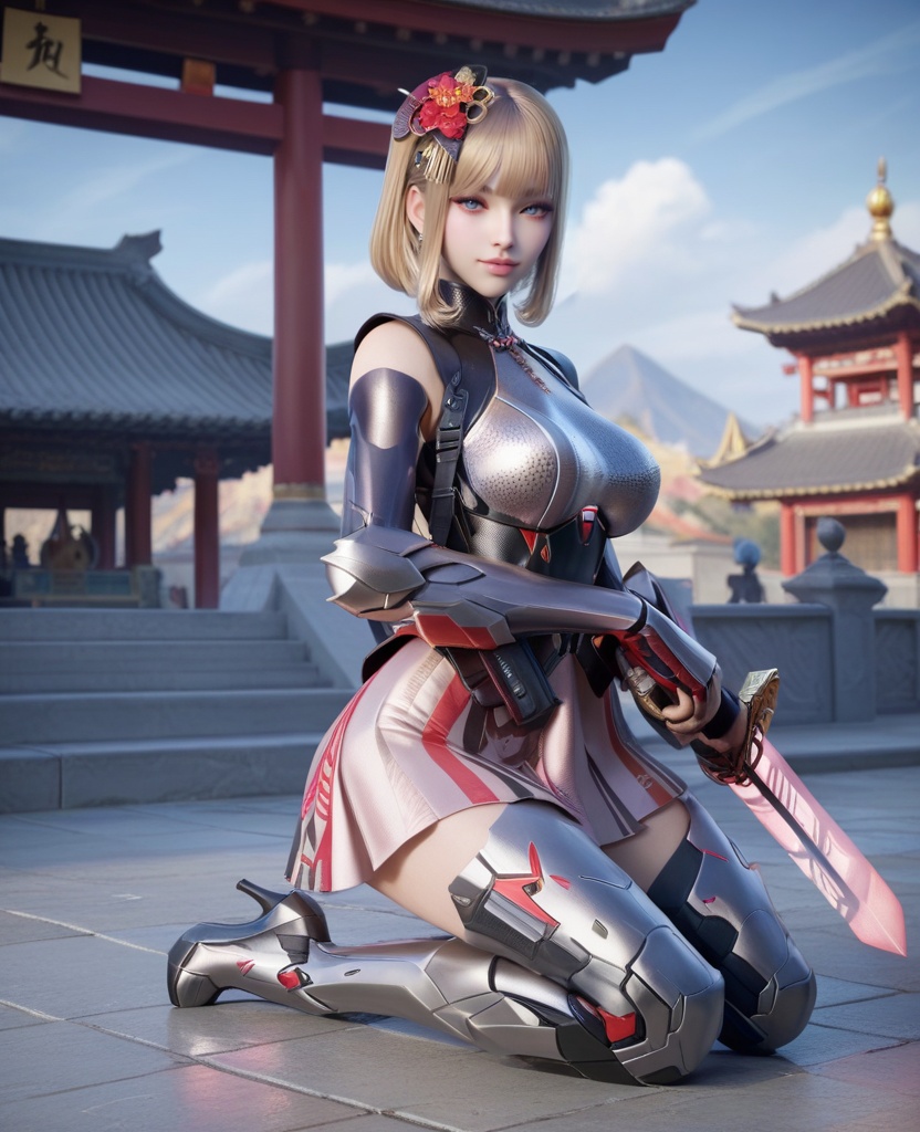(oriental architecture, elegant decor, sophisticated style:1.1),(Kneeling with one hand on the ground and the other raised to the sky, showing a connection to the universe,:1.1),(large breasts:1.2),<lora:XL穿越火线岚希儿灵魂舞者:0.95>,miss lanxier,chrome-fit battle top,neon pink skirt,blue eyes,blunt bangs,blonde hair,hair flower,black pauldrons,arm guards,armored high-heeled greaves,holstered,, score_9,score_8_up,score_7_up,score_6_up,score_5_up,score_4_up,3d rendering,tag1,tag2, Cinematic Lighting,backlighting,, zPDXL3, zPDXL2,zPDXL, zPDXLxxx, zPDXLrl,