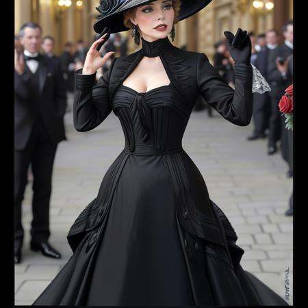 masterpiece,  uhd,  sharp color photo of a beautiful woman wearing a high-neck layered black dress on Tensor.Art
