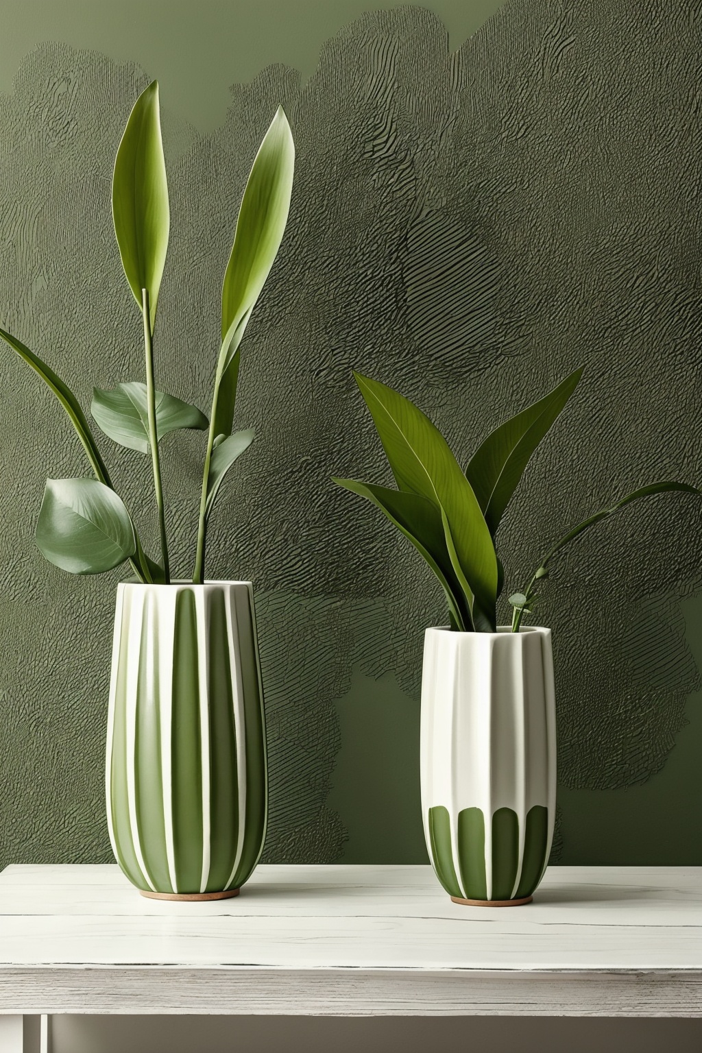Still life photography, two wooden vases placed side by side on a white surface. Each vase has a unique, slightly elongated shape and is adorned with a series of intricate grain patterns. Positioned in the vases are two large, green leaves, each with broad, glossy surfaces and distinct veins. The leaves are attached to thin, green stems. The background is a neutral gray, allowing the vases and leaves to stand out prominently, masterpiece,best quality,