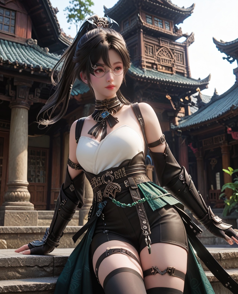 (oriental architecture, elegant decor, sophisticated style:1.1),(shushing:1.1),(breasts:1.2),<lora:XL逆水寒玄机掌门宋邀星>,miss xuanji,black hair,glasses,ponytail,choker,detached collar,tube top,long hair,green overskirt,black shorts,sash,thigh strap,black thighhighs,elbow gloves,lips,, score_9,score_8_up,score_7_up,score_6_up,score_5_up,score_4_up,3d rendering,tag1,tag2, Cinematic Lighting,backlighting,