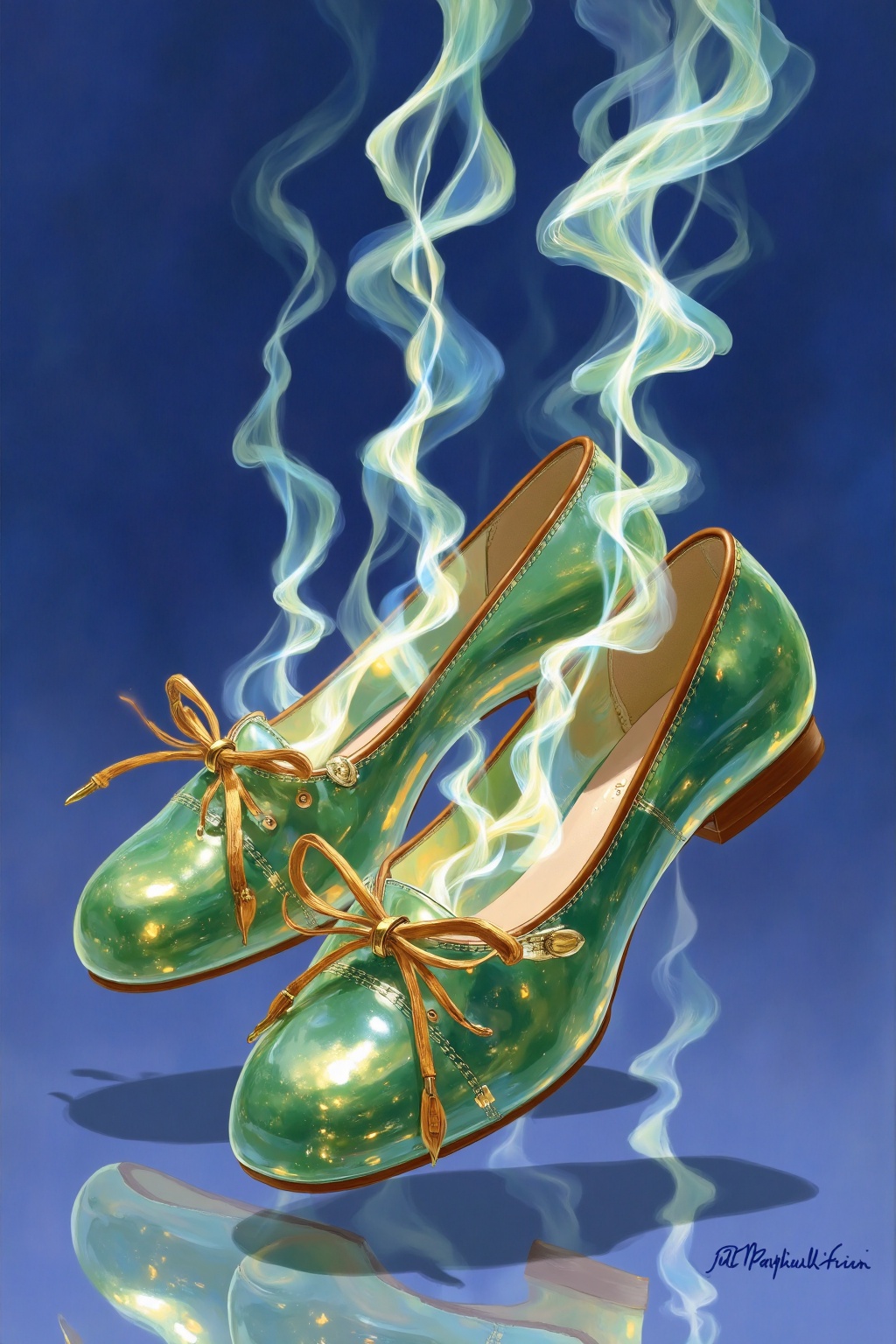 beijihui,Captured on a digital art piece,a pair of green shoes with gold accents are floating on a blue surface. The shoes have a brown leather trim and a gold laces. The laces are tied in a bow at the top of the shoes,adding a touch of sparkle to the scene. The background is a deep blue,with wispy white smoke trailing behind the shoes. A reflection of the green shoes can be seen in the bottom of the frame,adding depth to the composition.,