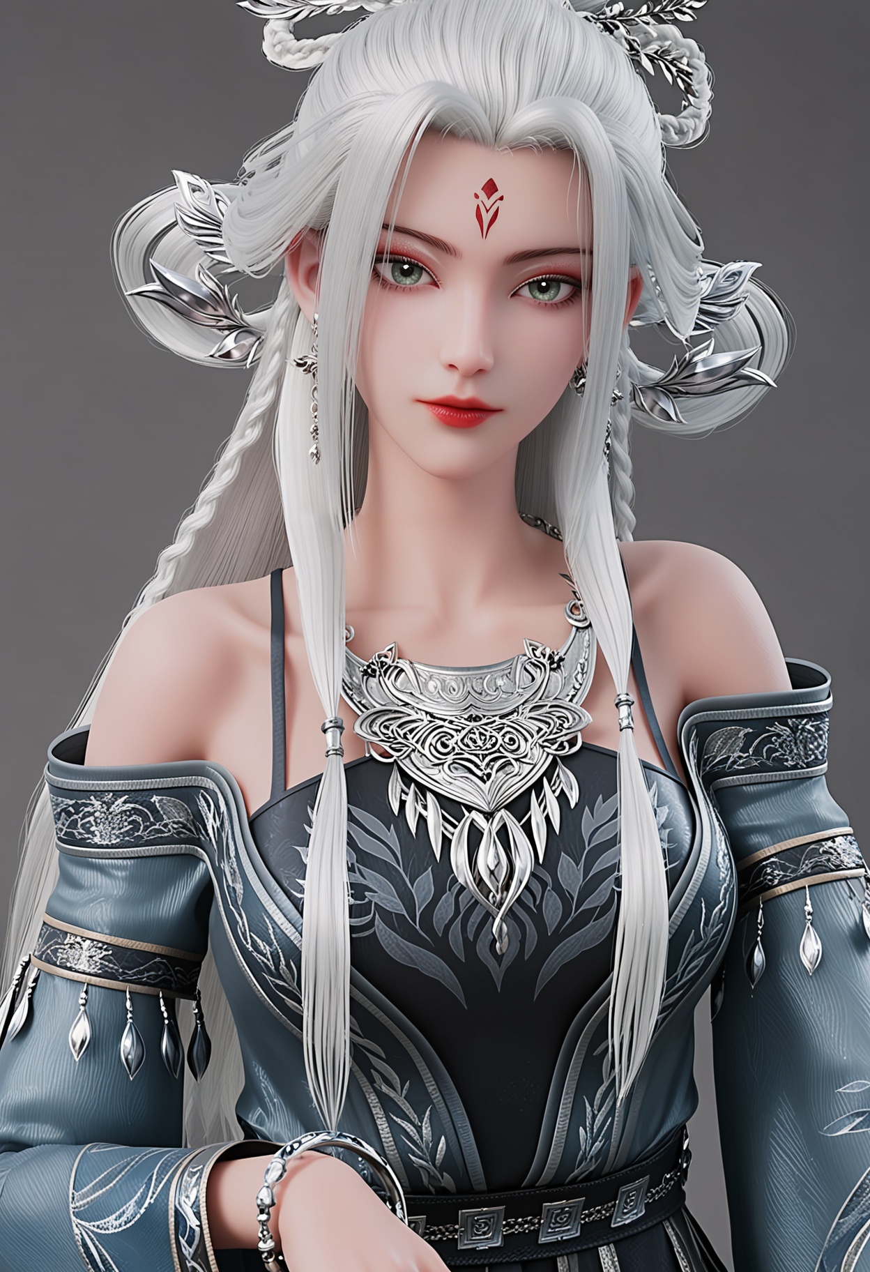 score_9,high detail,best quality,shiny skin,shiny,1girl,solo,green eyes,long hair,white hair,jewelry,white background,hair ornament,forehead mark,earrings,simple background,bare shoulders,necklace,braid,red lips,realistic,dress,makeup,closed mouth,lips,hair rings,bracelet,looking at viewer,thighs,<lora:QQSponyxiaobaiV1:0.8>,<lora:Pony_DetailV2.0:0.8>,<lora:皮肤凹痕:0.1>,