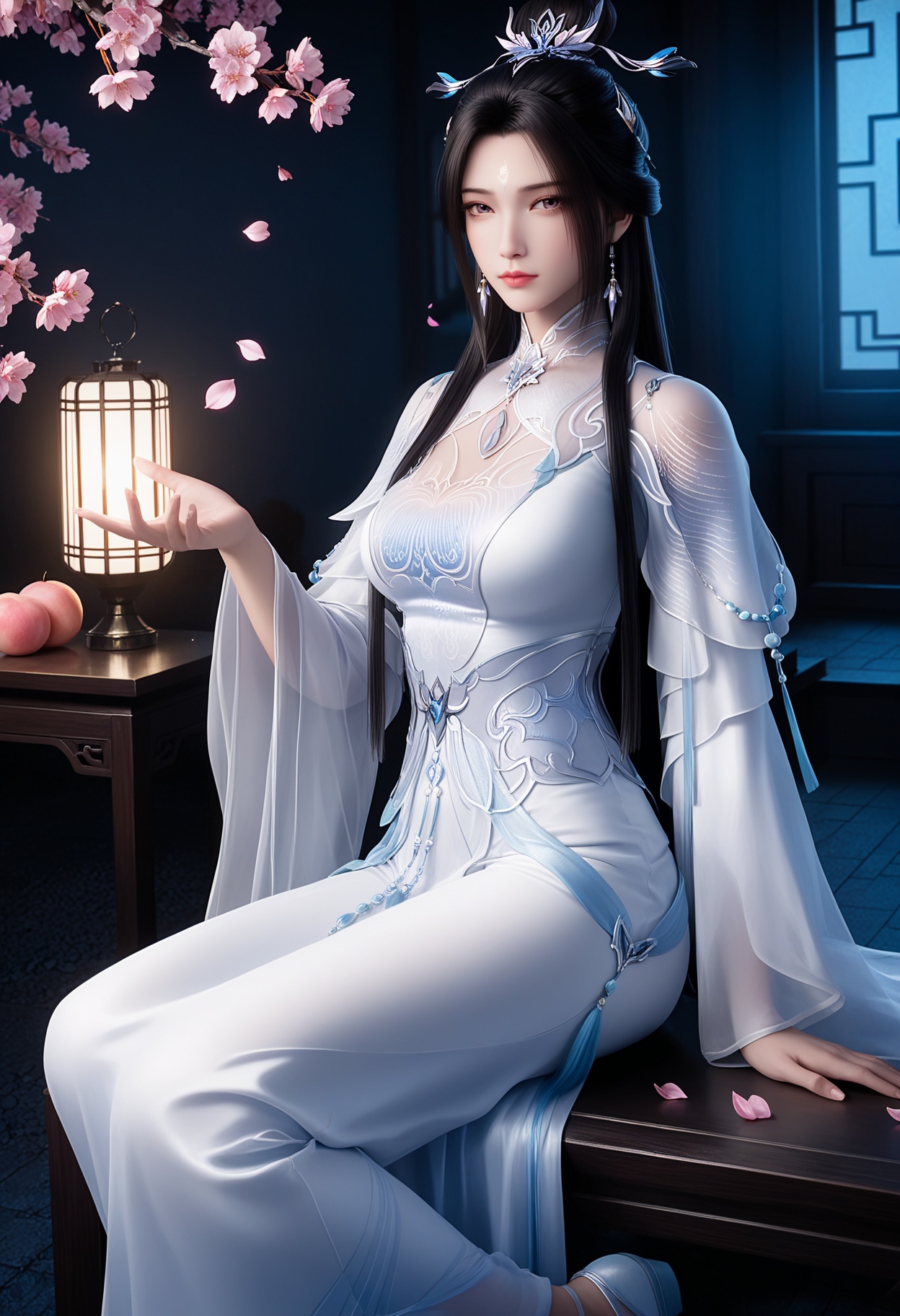 masterpiece,best quality,amazing quality,very aesthetic,high resolution,ultra-detailed,absurdres,scenery,photorealistic,(looking at viewer:1.1),(Dark room:1.3),(moody lighting:1.1),peach blossom,falling petals,(large breasts:0.8),luxueqi,1girl,solo,black hair,long hair,dress,jewelry,earrings,hair ornament,forehead mark,white dress,hair bun,realistic,chinese clothes,shoes,sitting BREAK photorealistic details,<lora:QQSillluxueqiV1:0.8>,