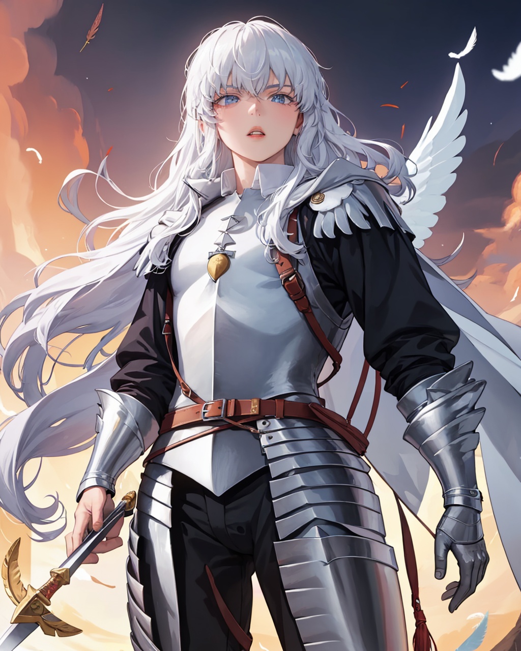 masterpiece,best quality, highly detailed, griffith (berserk), male focus, solo, 1boy, from below, feathers, androgynous, falling feathers, shoulder armor, parted lips, holding sword, standing,<lora:griffith_(berserk):1>