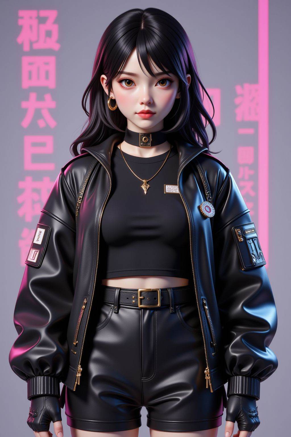 girl,upper body,cyberpunk,black clothes,