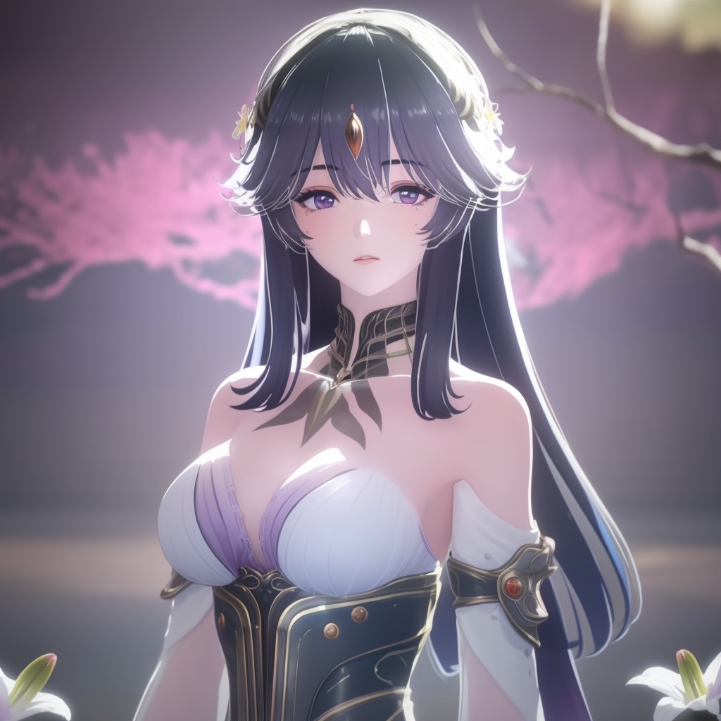 <lora:711-DA-鸣潮-女神:0.8>(,1girl, ,best quality, ),looking at viewer,  ,ultra detailed 8k cg,ultra detailed background,ultra realistic 8k cg,1girl, solo,(bare shoulders:0.85),(masterpiece, best quality),((oil painting style)),sexy young lady,(beautiful face and eyes),(upper body:1.5),(whole body:1.05),(single person:1.2),surrounded by flowers, (lily), roses, floret, vegetation, white, purple, purplish pink,Impressionism,colorful,(Breast size:1.3),(cleavage),