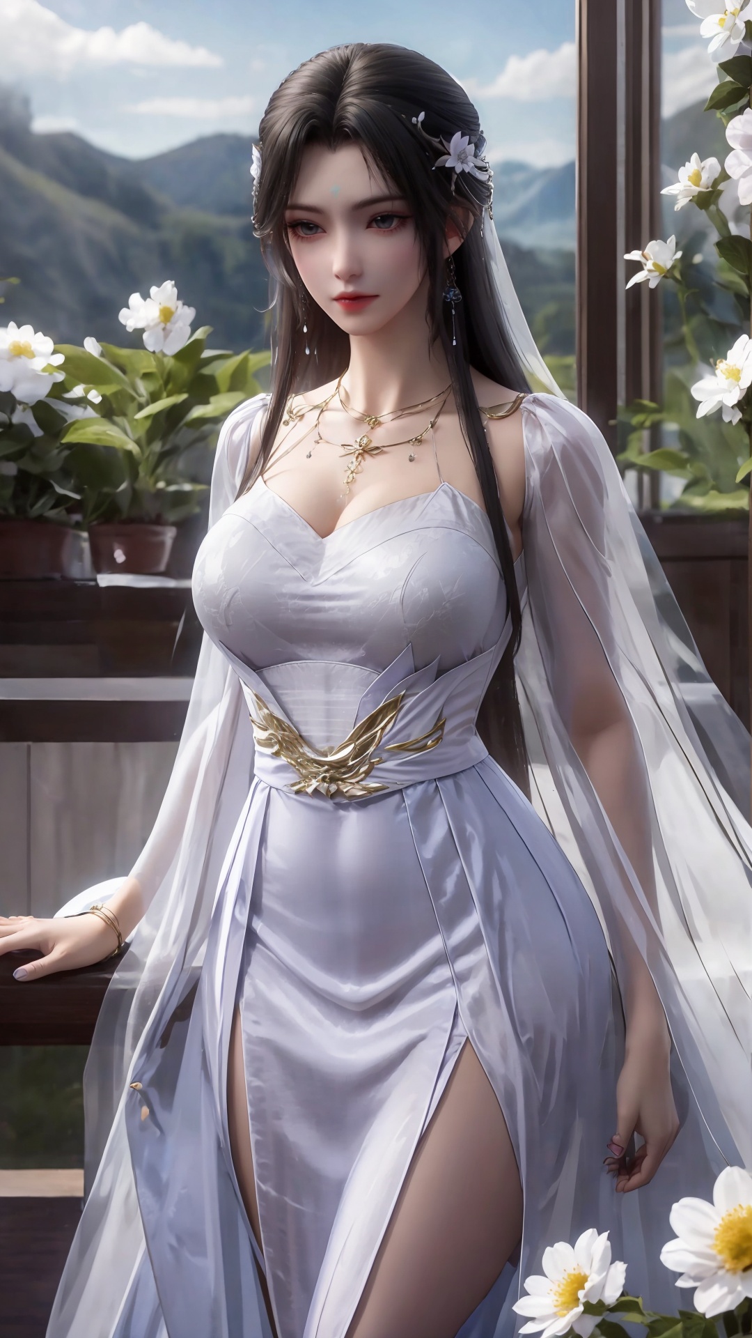 a girl,upper body and upper thighs,purple and white dresses,<lora:hmai_20240410212515:0.8>,white dress,long_skirt,