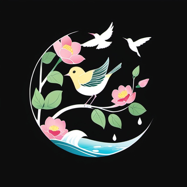 the 24 traditional chinese solar terms\(rain water\), flat, black background, simple background, flower, no humans, bird, animal, leaf, pink flower, fish, branch, animal focus,<lora:lbc_Rain Water_XL-ts:1>,