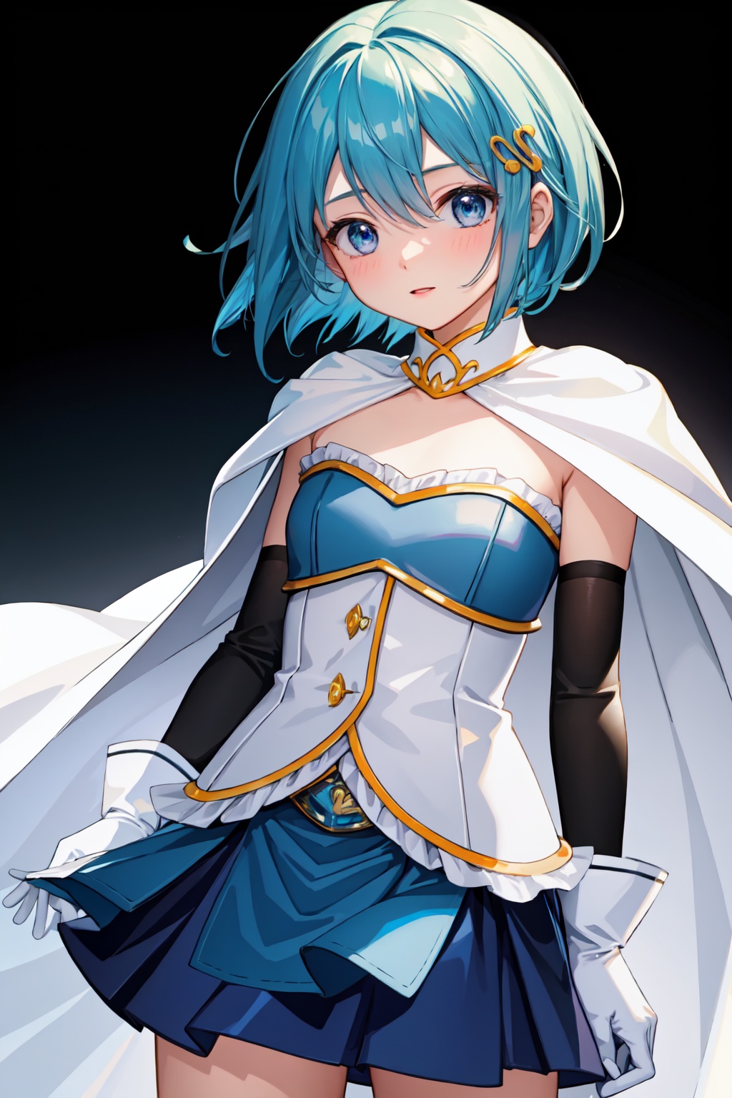 masterpiece,best quality, highly detailed, miki_sayaka,1girl,solo,magical_girl,white_cape,white_gloves,looking_at_viewer,musical_note_hair_ornament,fortissimo,hairclip<lora:miki_sayaka:1>,simple background,white background