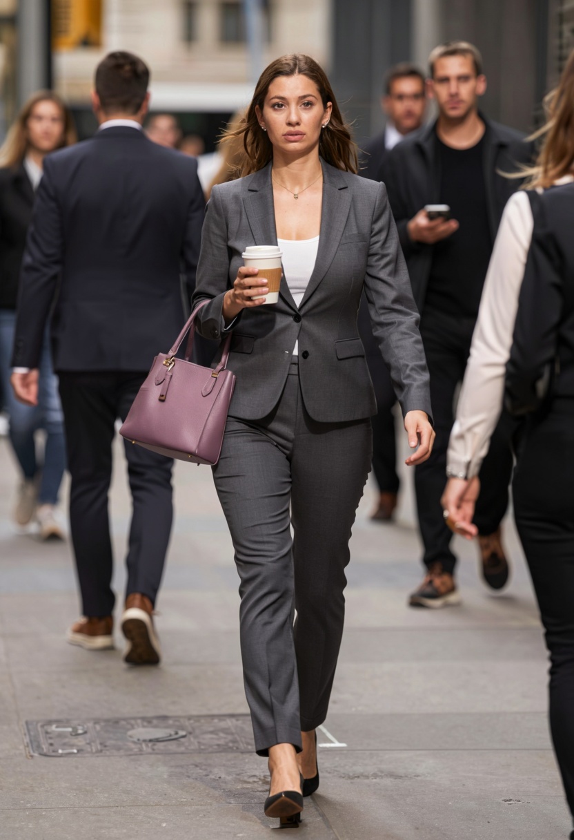 Photo taken with a telephoto lens in New York,  where we see a woman wearing an elegant business suit walking through the...