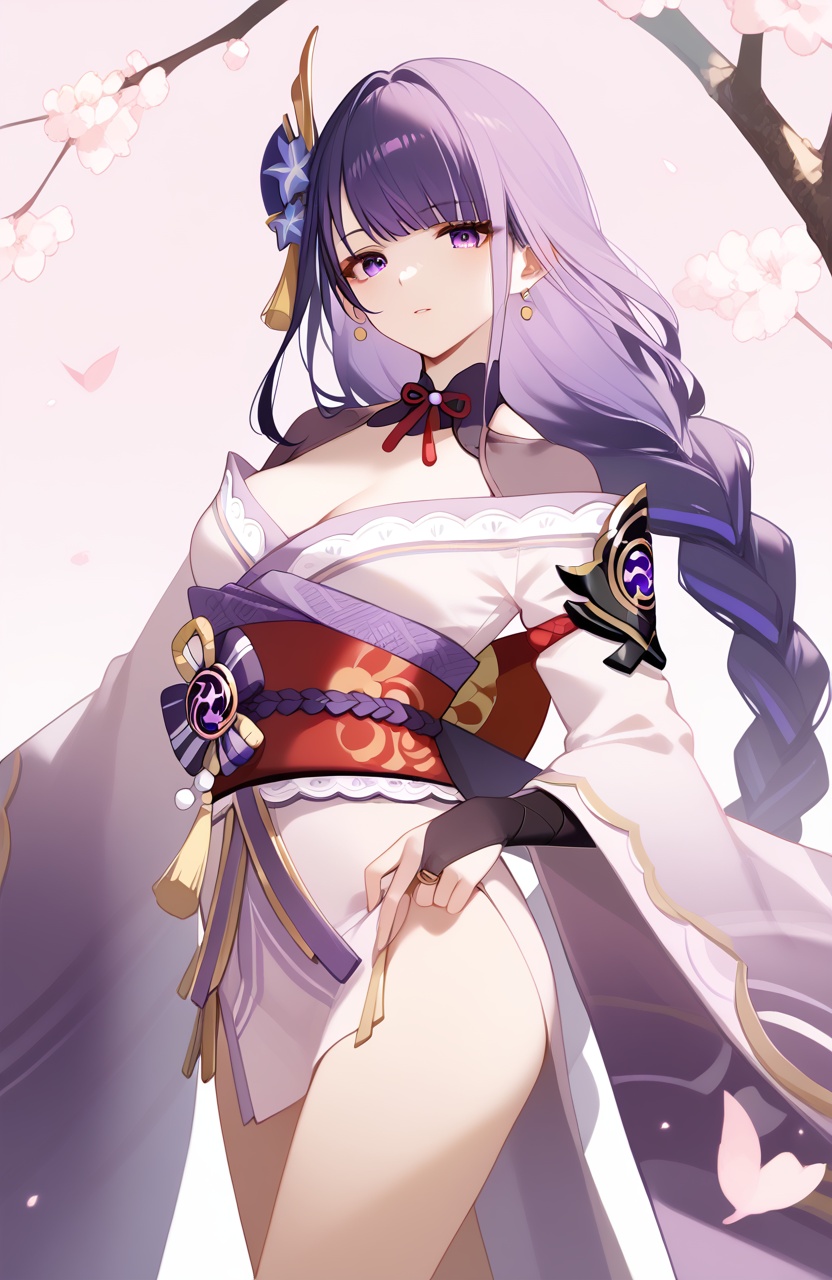 <lora:雷军pony:1>,raidenshogun,a girl named raidenshogun,1girl,solo,cleavage,braided ponytail,long sleeves,obi,bridal gauntlets,purple kimono,wide sleeves,looking at viewer,tassel,thighs,purple nails,obijime,<lora:nai3pony:0.5>,<lora:photo_v2:0.0>,, (score_9,score_8_up,score_7_up),(masterpiece,best quality,high quality:1.2),absurdres,