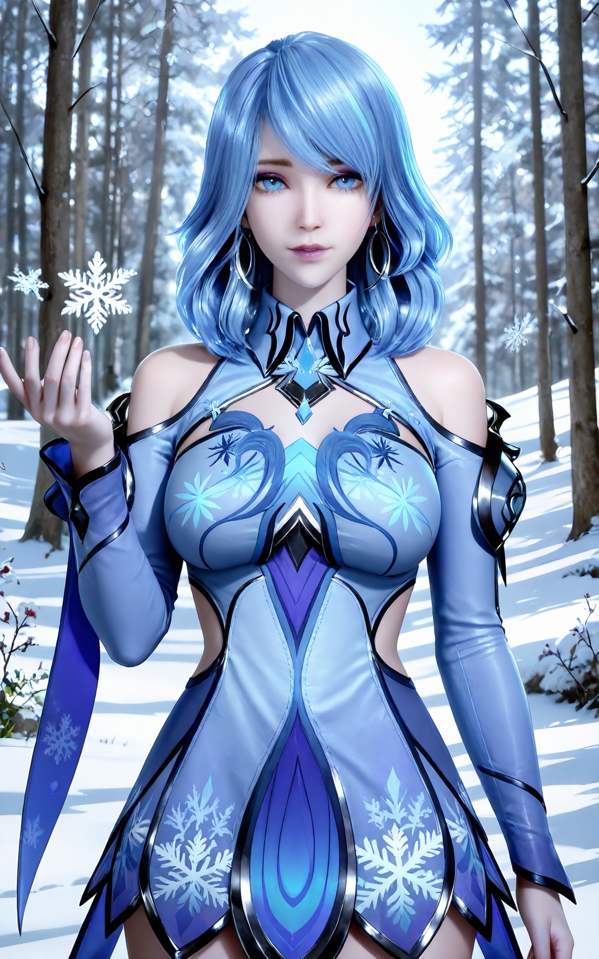 masterpiece,high quality,tall,game cg,highres,(soft light:1.2),white_skin,(shiny_skin:0.6),(realistic:1.1),<lora:水冰儿ILL:0.8>,shuibinger,blue hair,blue eyes,longeyelashes,makeup,medium hair,looking at viewer,long sleeves,nature,flowers,day,1girl,solo,dress,large breasts,earrings,jewelry,long hair,looking at viewer,hoop earrings,(collared_dress:1.1),bare shoulders,frills,short dress,print_dress,blue dress,winter,sonw,snow,ice,snowflakes,snowfakes floating on the hand,upper_body,