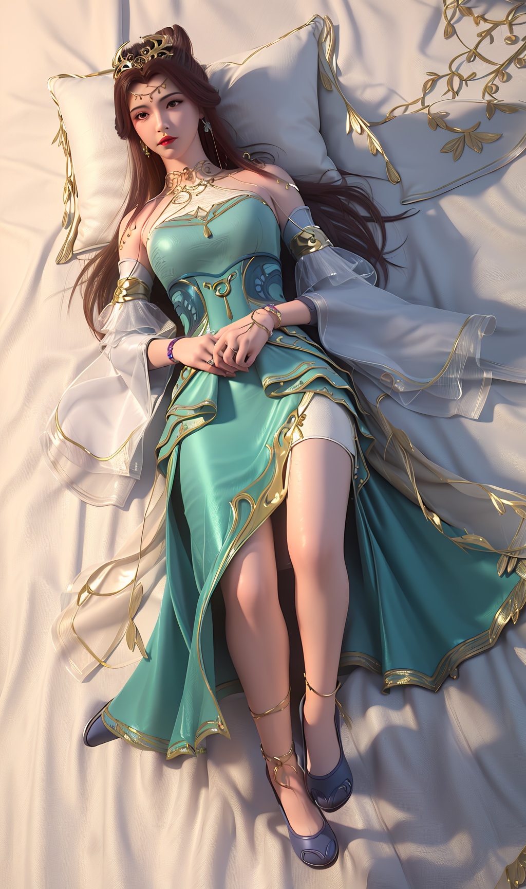 3D,masterpiece,(best quality),(makeup),official art, extremely detailed cg 8k wallpaper,((crystalstexture skin)), (extremely delicate and beautiful),(highly detailed),(face),(headgear),(tassel),(arms_behind_head)(1girl), (solo), (jewelry), (earrings),(brown_hair),(long_hair),(hair_ornament),(handwear),(breasts),(((lying))),,(detached_sleeves),(bare_shoulders),,((full_body,whole_body)),(dress),(multicolored_clothes),(multicolored_dress),(closed_mouth),(traditional_clothes),(long_dress),(long_skirt),(gold_trim),(shorts),(shiny_clothes),(sunshine, outdoor,bed),((looking_at_viewer)),((Facing the camera)), (long_legs), (blue_shoes),(flat_shoes),(anklet),(cloth_shoes),, <lora:hipoly3DModelLora_v10:0.3> <lora:枫岫-百炼成神-苏灵韵01:0.7>