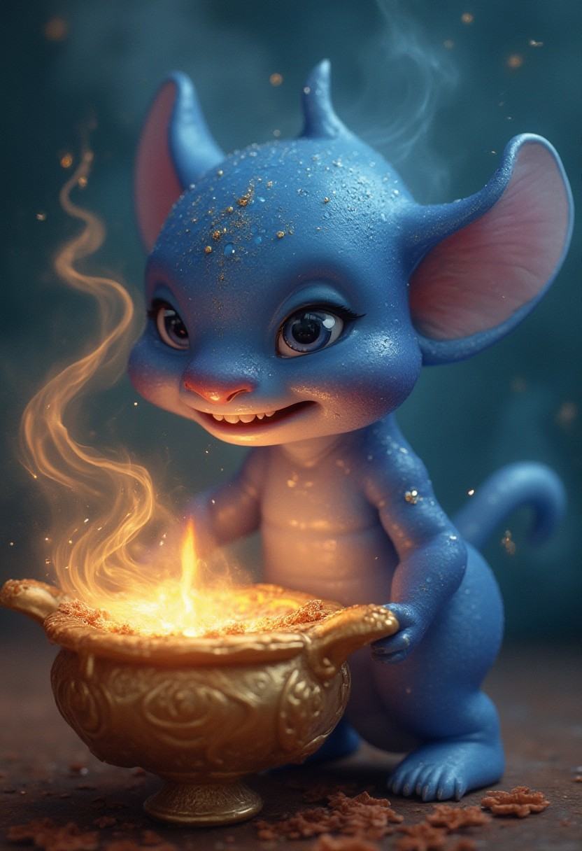 8K. A very cute,  unusual,  slightly strange and funny genie flies out of a magic lamp. He smiles and winks. Kindness and...