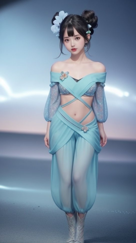 (1girl),smooth chin,masterpiece,detailed face,((hair ornament)),top quality,4k,make up,best quality,medium breasts,(looking at viewer),long legs,double bun,jewelry hair,dress,detached sleeves,ribbon,shawl,light blue skirt,puffy pants,hair rings,hair flower,(wariza),(arms behind back),bangs,jewelry on bangs,<lora:王者小乔青蛇SD_v1.0:0.6>,