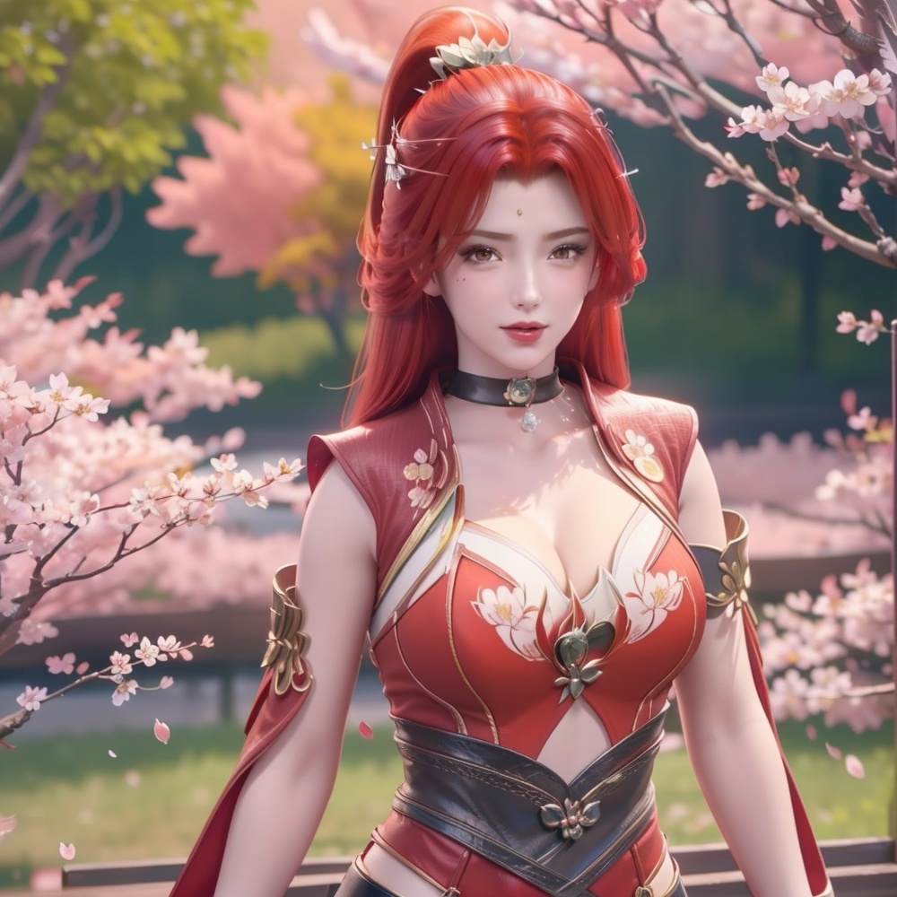 <lora:斗破苍穹-唐火儿:1>red hair,  (,1girl, ,best quality, ),looking at viewer,  ,ultra detailed 8k cg,ultra detailed background,ultra realistic 8k cg, ,masterpiece, (( , )),, ,science fiction,mole, ultra realistic 8k cg, ,    ,(,cherry blossoms, autumn leaves,perfect cherry blossom,   ), (cleavage),