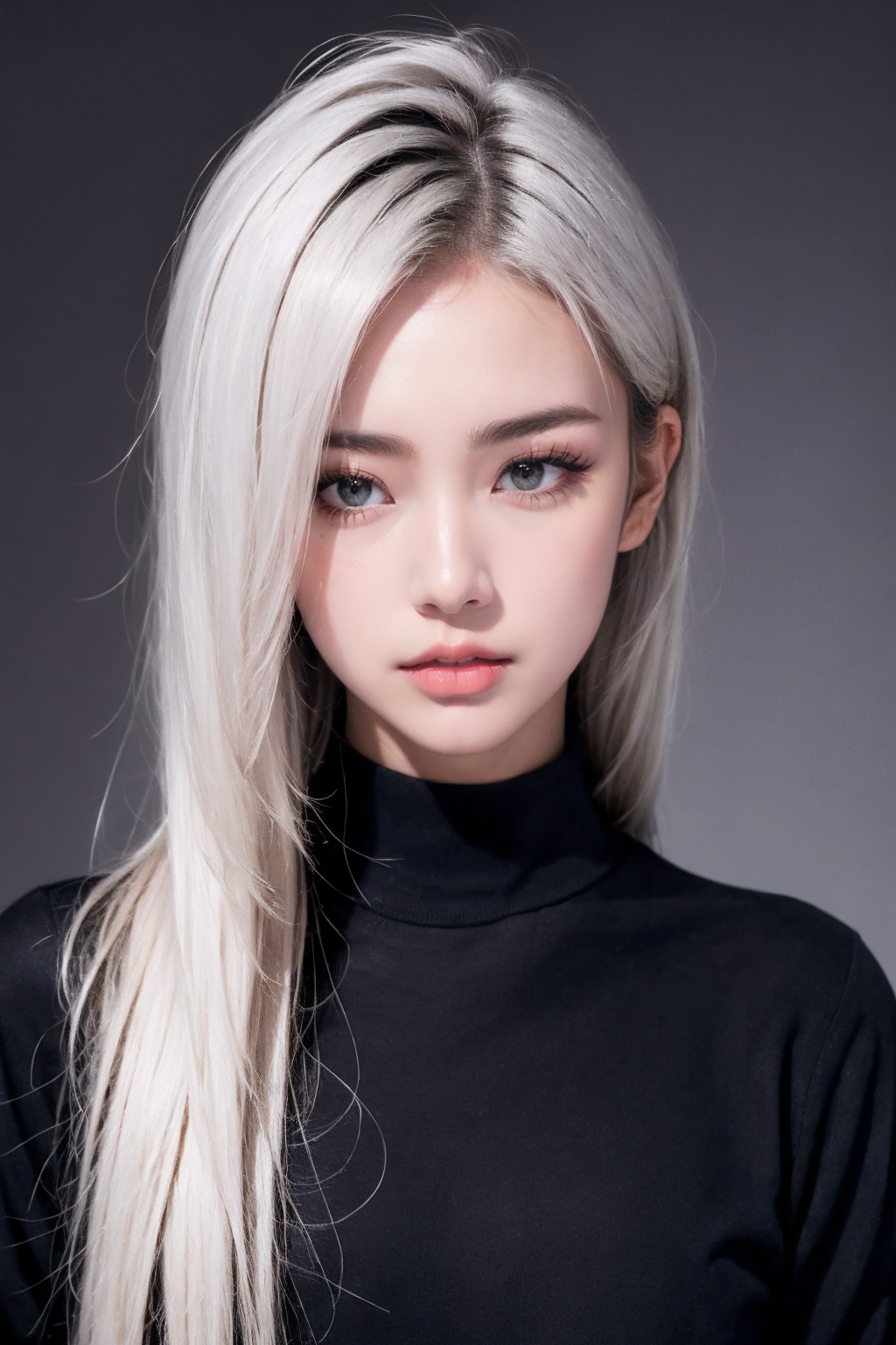 1girl, black background, black eyes, black shirt, black sweater, closed mouth, grey eyes, lips, long hair, long sleeves, looking at viewer, makeup, messy hair, nose, realistic, red lips, shirt, simple background, solo, sweater, turtleneck, turtleneck sweater, upper body, white hair