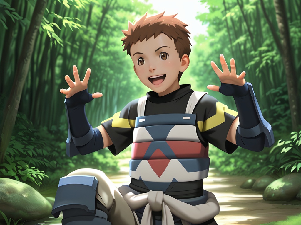 <lora:LH_Tohya_XL:1>,Tohya,best quality,best detail,masterpiece,outdoors,nature,male focus,solo,1boy,(underage:1.3),very short hair,brown hair,brown eyes,(vertical pupil:1.7),:d,japanese armor,leg armor,(5fingers,perfect hands:1.6),correct anatomy,realistic,available light,