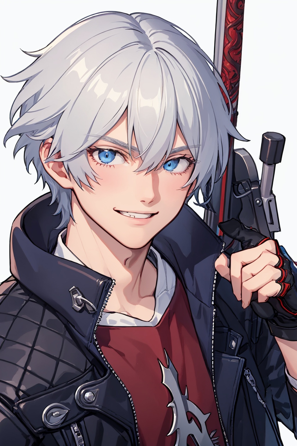 masterpiece,best quality, highly detailed, 1boy,male focus,nero (devil may cry),simple background,white background,black gloves,fingerless gloves,blue coat,looking at viewer,solo,sword,black coat,red shirt,smile,teeth,upper body,<lora:nero_(devil_may_cry):1>