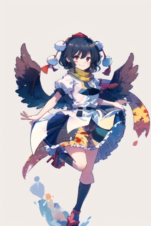 aya body,1girl,shameimaru aya,solo,wings,smile,looking at viewer,black wings,scarf,geta,<lora:shameimaru aya nai005:0.9>,