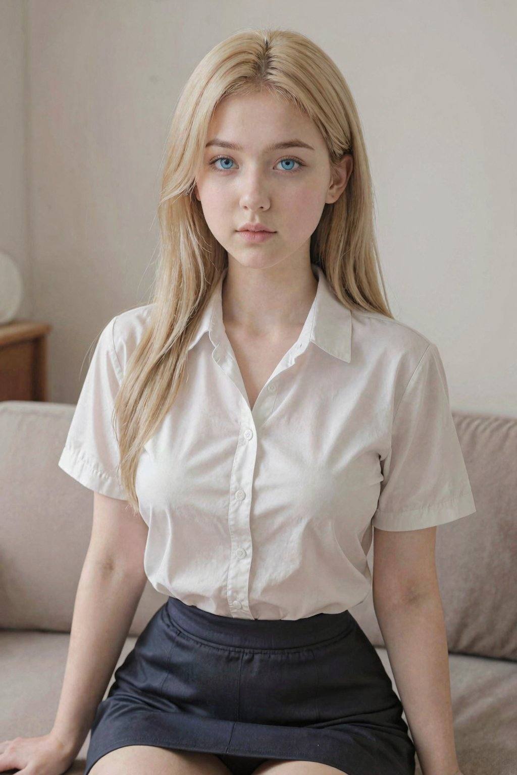 A fair-skinned young woman, likely in her late teens or early twenties, with long, straight, blonde hair that cascades down around her shoulders, framing her face. Her eyes are a striking light blue, and she gazes directly at the viewer with a neutral expression. She wears a cream-colored, short-sleeved collared shirt, unbuttoned at the top, paired with a dark navy blue skirt that reaches her knees. The shirt's fabric appears smooth, contrasting with the dark skirt's texture. The setting seems to be indoors, likely a well-lit room, possibly a minimalist design. A soft, even lighting source illuminates her face and hair. The background consists of a plain, neutral wall, a sofa, and parts of a wooden surface. The composition is a medium shot, framing her from the chest up, with the focus on her face and upper body. The atmosphere feels calm and gentle, suggesting a natural and realistic style. The overall tone leans toward a serene, somewhat dreamy quality.