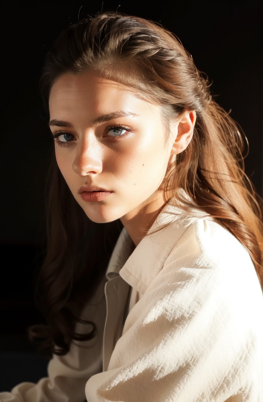masterpiece,best quality,absurdres,european,solo,1girl,looking at viewer,long hair,realistic,black background,brown hair,simple background,blue eyes,lips,from side,upper body,white shirt,dark,forehead,