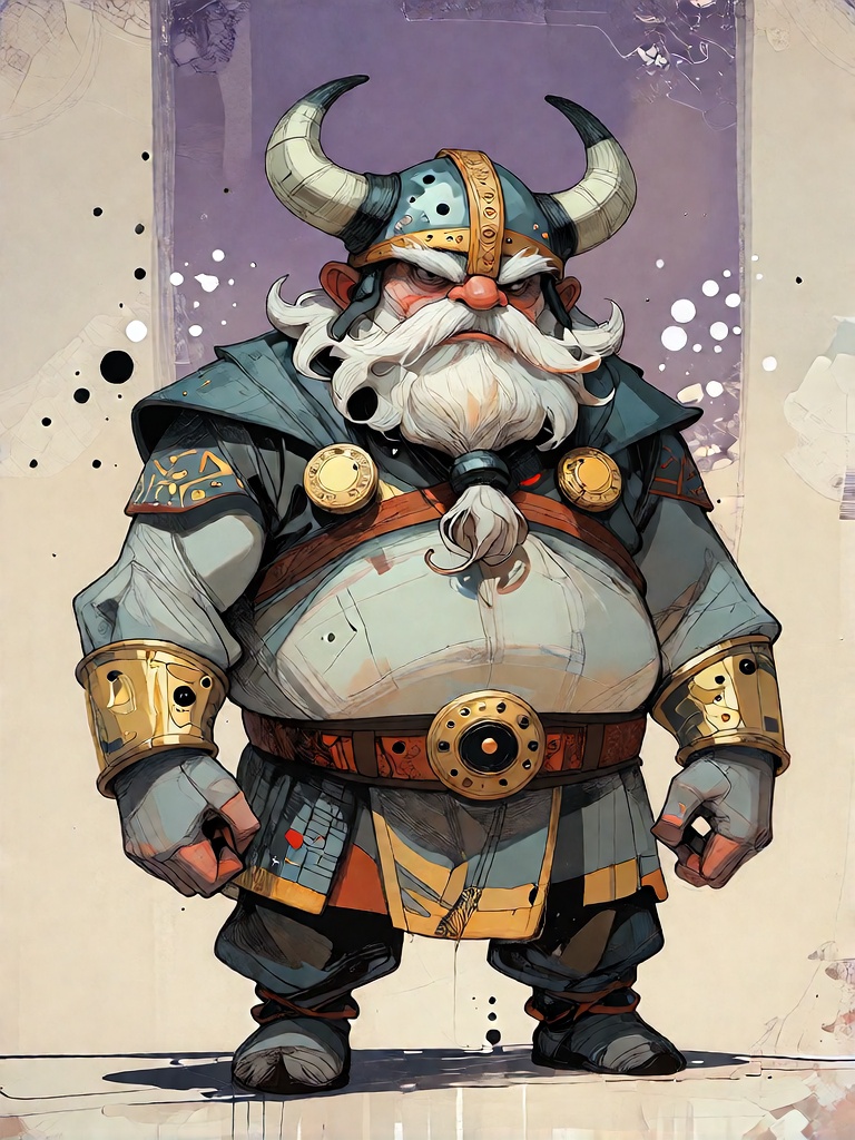 Bradhamel art style. A stout,  cartoonish Viking warrior with a round belly,  thick white beard on Tensor.Art