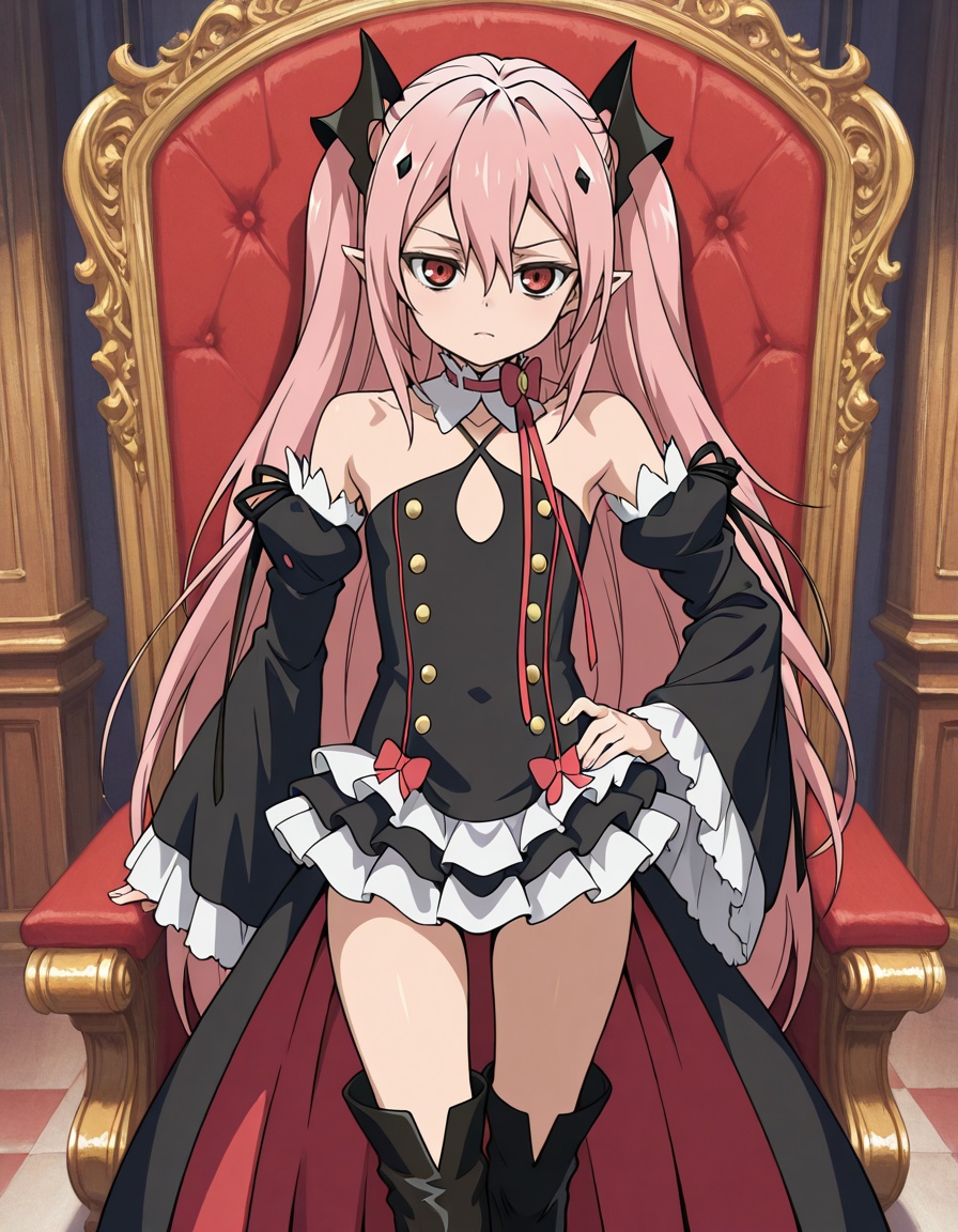 masterpiece, best quality, amazing quality, vampire house,1girl, looking at viewer, solo, disgust, expressionless, hand on own hip, throne, hall,<lora:krul_tepes-owari_no_seraph_s2-ixl-anime-soralz:1>, krul tepes (owari no seraph), long hair, pink hair, two side up, hair between eyes, sidelocks, red eyes, pointy ears, hair ornament,vampire, choker, red bow, ribbon, criss-cross halter, black dress, frilled dress, detached sleeves, arm warmers, wide sleeves, thigh boots, <lora:StS-Illustrious-Detail-Slider-v1.0:3>
