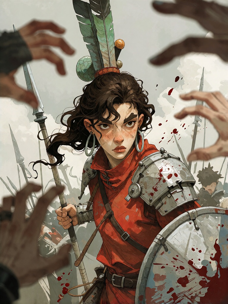 **Final Answer**Bradhamel art style,  illustration of a young warrior with dark curly hair adorned with a tall,  ornate fe...