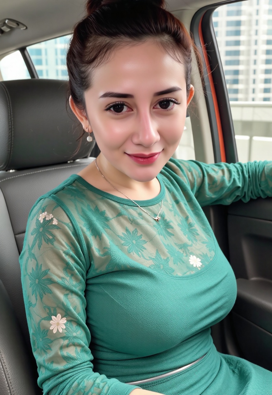 Photograph of Putri_Wild4,  a smiling young Asian woman with medium skin tone,  dark brown hair in an elegant updo on Tens...