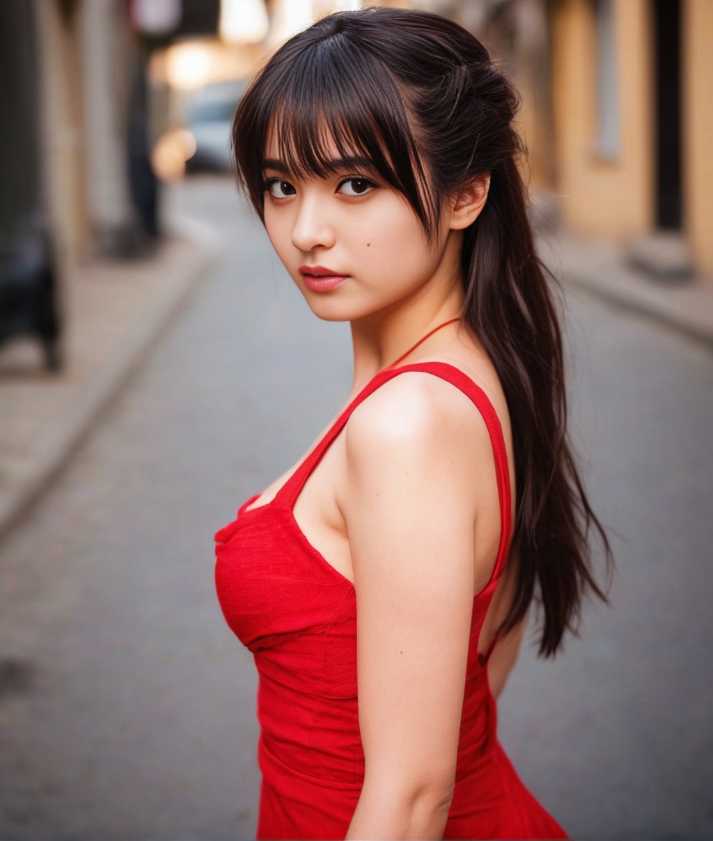 a girl standing street,  red dress,  half body on Tensor.Art