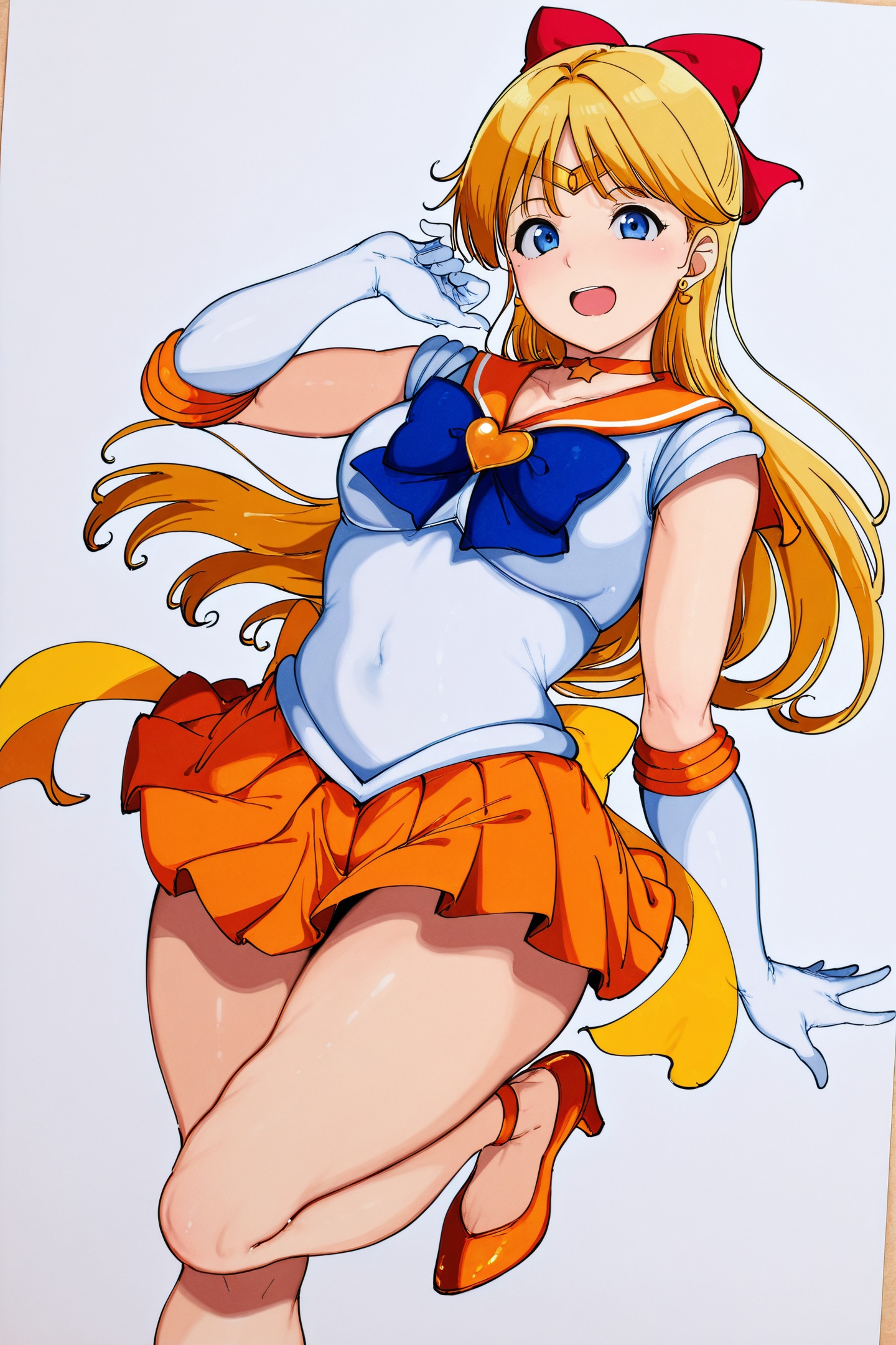 alp Style,aino minako,sailor venus,1girl,sailor senshi uniform,long hair,heart,magical girl,blue eyes,bow,solo,blonde hair,skirt,orange sailor collar,orange skirt,gloves,white gloves,jewelry,orange choker,red bow,heart brooch,brooch,sailor collar,hair bow,back bow,elbow gloves,choker,traditional media,orange footwear,strappy heels,earrings,open mouth,tiara,smile,pleated skirt,white background,star \(symbol\),star choker,looking at viewer,leg up,hand up,<lora:alp_illustriousXL:1.2>,