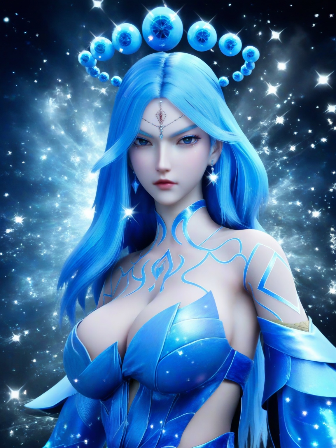 score_9,1girl,solo,dress,long hair,standing,forehead mark,forehead jewel,earrings,hair ornament,blue hair,detached sleeves,large breasts,sparkle,cleavage,standing,upper body,lipstick,looking at viewer,<lora:SF_LiShaoYing_Pony_Realism2.3-000004:0.7>,