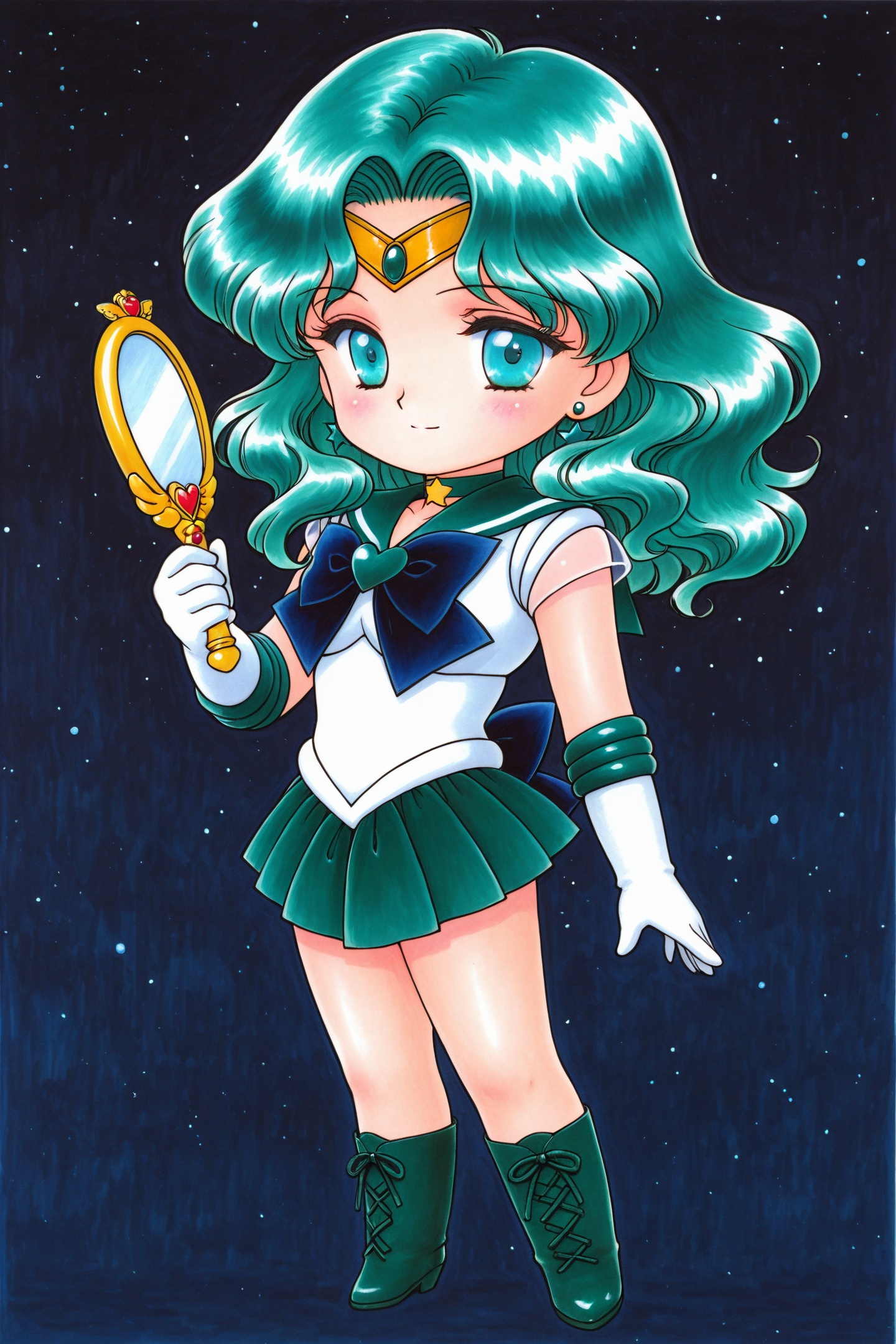 Juu Kuroinu Style,Sailor Neptune,Kaiou Michiru,1girl,solo,magical girl,sailor senshi uniform,jewelry,choker,skirt,long hair,wavy hair,brooch,blue bow,black bow,heart brooch,green sailor collar,aqua hair,gloves,white gloves,aqua eyes,back bow,pleated skirt,green skirt,tiara,light smile,closed mouth,circlet,star choker,looking at viewer,arm up,holding mirror,traditional media,dark background,full body,boots,chibi,<lora:black dog chibi_illustriousXL:1>,