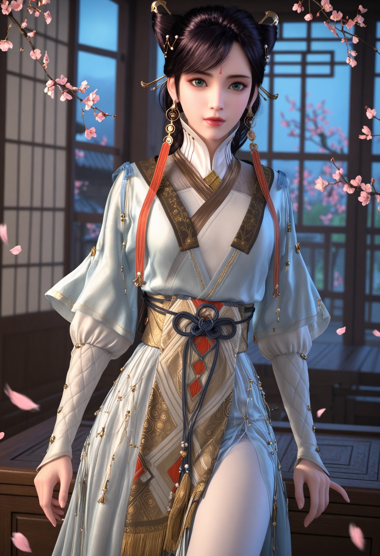 (cowboy shot:1.2),(looking at viewer:1.1),masterpiece,(best quality),smog,Dark room,dim lighting,peach blossom,falling petals,<lora:YQ_Illustrious光辉v5_徐灵犀_V1:0.8>,q1528437228,1girl,solo,jewelry,earrings,hair ornament,black hair,lips,chinese clothes,dress,forehead mark,green eyes,hair bun,long hair,makeup,brown hair,hair stick,long sleeves,tassel,boots,white pantyhose,braid,blue eyes,brown eyes,double bun,