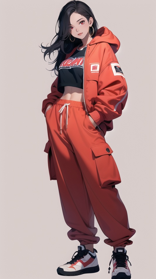 (best quality), ((masterpiece)), (highres), illustration, original, extremely detailed,1girl, solo, hands in pockets, navel, pointy ears, jewelry, earrings, white background, midriff, pants, red eyes, hair over one eye, simple background, shoes, black hair, long hair, hood, full body, red jacket, looking at viewer, hoodie, sneakers, hoop earrings, crop top, red pants, standing, jacket, baggy pants, dark-skinned female, breasts, closed mouth