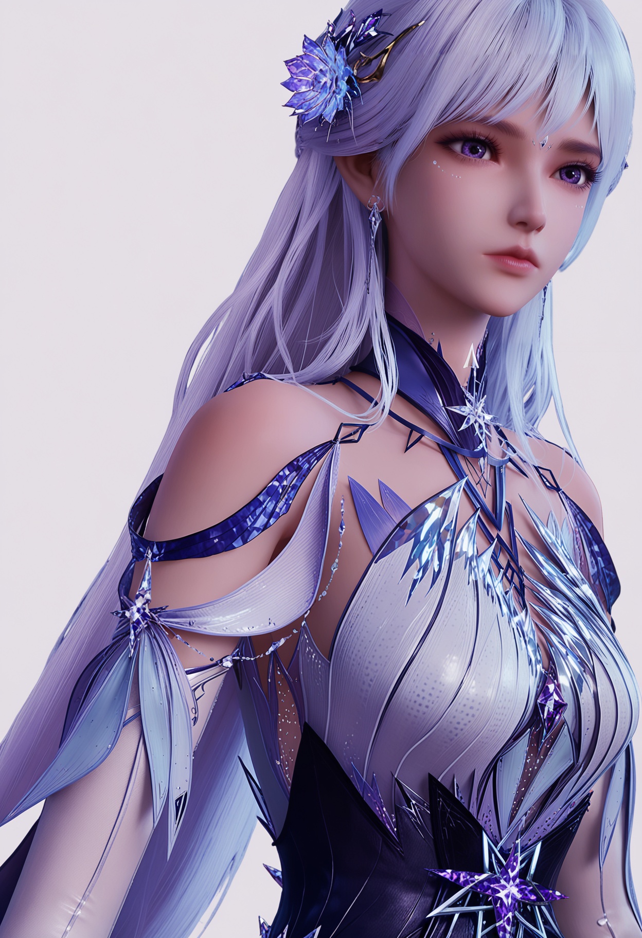 score_9,high detail,best quality,shiny skin,shiny,shengcaiersjcf,1girl,solo,purple eyes,white hair,long hair,white background,hair ornament,jewelry,earrings,realistic,simple background,closed mouth,dress,bare shoulders,hair flower,white dress,lips,breasts,thighs,looking at viewer,<lora:QQSponyshengcaiersjcfV1:0.8>,<lora:Pony_DetailV2.0:0.8>,<lora:皮肤凹痕:0.1>,