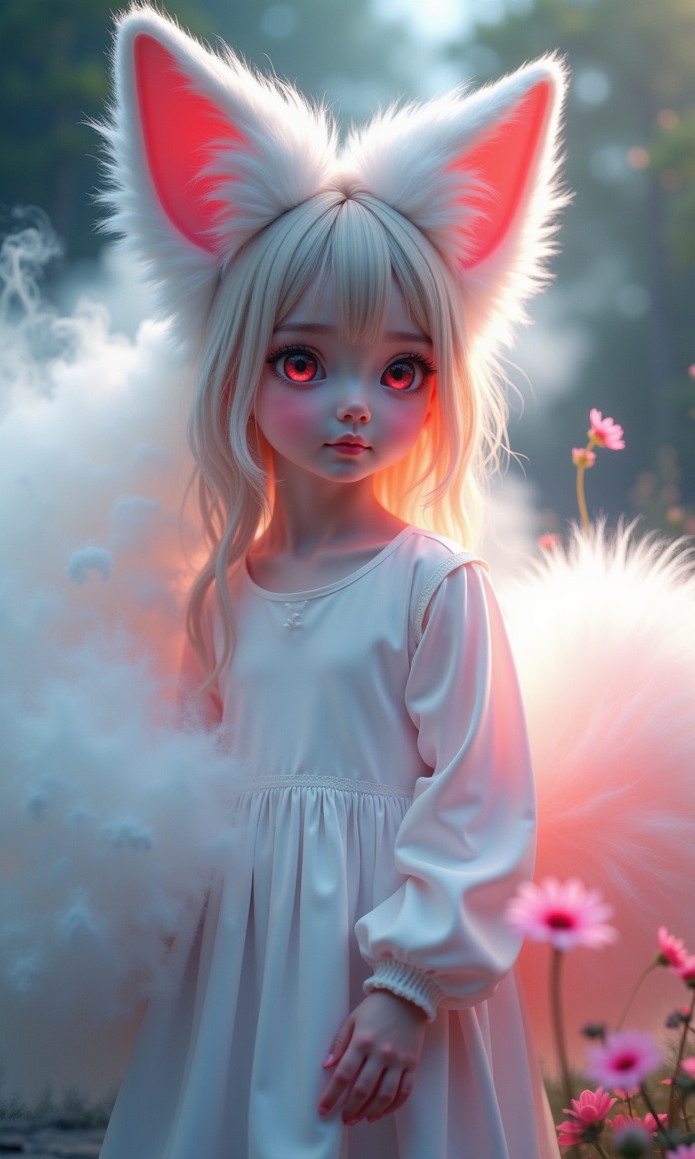 A beautiful photo,featuring a fox tail,fox ears,a cute little girl (real person) with 9 tails,a very cute face,and a white silk dress (half body view) in a beautiful garden,looking at the audience. White smoke,aurora background,perfect face,perfect hands,detailed symmetrical circular iris,love magic,beautiful sky realism,stunning realism photos,octane rendering,intricate details,movies,isometric,fantasy themes,mysterious,transformed art masterpieces,deep red eyes,color grading,light illustrations,ultimate quality,extremely detailed,ultra-fine face,ultra-high definition 8k. Pink Electric Light,Conceptual Art,Ultra Fine,Tri Color,Fantasy,Complex Details,Flash Screen,Complementary Colors Fantasy concept art,8K resolution,soft lighting,cinematography,cinematic graininess,surrealism,children's photography,