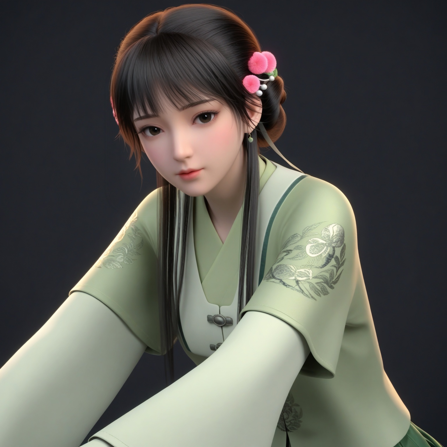 (upper_body:1.1),(huge breasts:0.9),83.<lora:YQponyhanyouniangV2:0.8>,(q1528437228:1.3),1girl,hair_ornament,solo,long_hair,brown_hair,realistic,black_hair,jewelry,chinese_clothes,earrings,bangs,flower,long_sleeves,hair_flower,black_eyes,hair_bun,skirt,braid,hanbok,korean_clothes,long_skirt,single_hair_bun,wide_sleeves,green_skirt,beads,hanfu,traditional_clothes,hair_beads,,blush,(looking_at_viewer:1.1),BREAKintricate details,shiny_skin,solo focus,(blurry background:1.1),(depth of field:1.1),perfect_anatomy,(cinematic lighting:0.9),(volumetric lighting:0.9),(simple background,pure black background,black background:1.1),