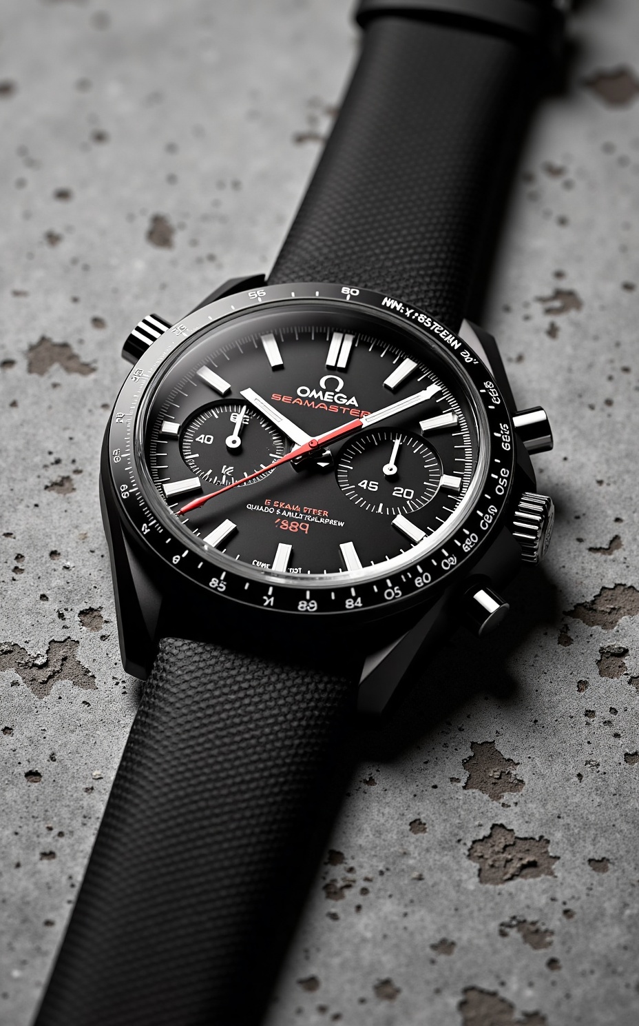 Watch, A high-resolution photograph of a sleek, black Omega Seamaster Aqua Terra watch with a textured black rubber strap. The watch face features a black dial with white and red accents, three sub-dials, and a date window at 3 o'clock. The background is a rough, gray concrete surface, enhancing the watch's sophisticated, rugged aesthetic. 