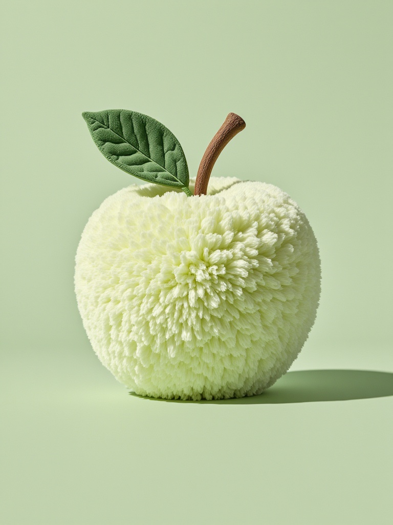 ***********,***********,This is a highly detailed, hyperrealistic CGI (computer-generated imagery) photograph of a stylized apple. The apple is depicted with a soft, fluffy texture, giving it a plush, almost cotton-**** appearance. It is a light greenish-yellow color, resembling a ripe apple. The surface of the apple is smooth and rounded, with no visible blemishes or imperfections. At the top of the apple, a single, large, glossy green leaf emerges, with a slender, wooden stem attached to it. The leaf is slightly curved and has a smooth, shiny texture, contrasting with the fluffy texture of the apple. The background is a solid, light mint-green color, providing a calming and minimalistic backdrop that emphasizes the apple's central position. The lighting is soft and diffused, casting subtle shadows that enhance the three-dimensional quality of the apple and leaf. The overall aesthetic of the image is modern and minimalist, with a focus on the texture and detail of the apple and leaf. The image is highly realistic, with a smooth, polished finish that mimics real-life objects.