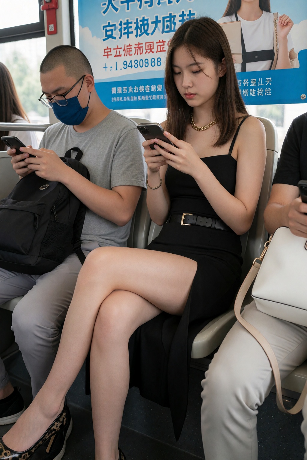 The image is a photograph taken in a public transit vehicle,  likely a bus or train,  given the presence of blue and white...
