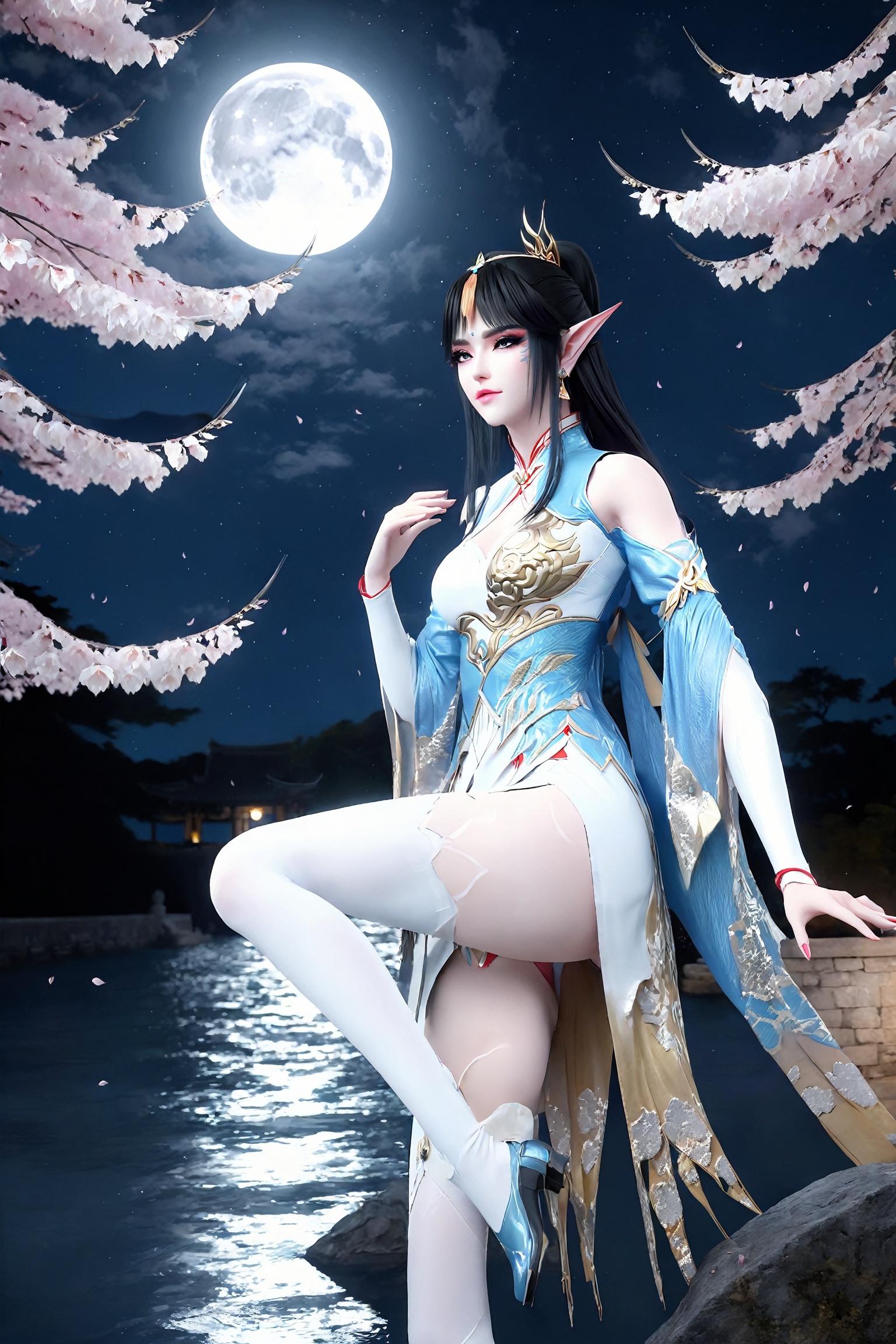 professional 3d model standing, (bent_over), dress, chinese_clothes, long_sleeves, detached_sleeves, hanfu, looking_at_viewer, (8k, RAW photo, best_quality),(highly_detailed),(masterpiece:1.2),(ultra-detailed),(extremely_detailed_cg_8k_wallpaper),(realistic:1.2),(photorealistic:1.3),(scenery, waterfall, (cherry_blossoms), (milfeulle_sakuraba), (petals, falling_petals), full_moon, moon, night, moonlight, night_sky, sky, petals, water, stone),1girl, solo, pointy_ears, black_hair, long_hair, hair_ornament,  eyeshadow, eyelashes, jewelry, earrings, makeup, thighhighs, white_legwear, medium_shot,(texture_skin:1.3),(shiny_skin:1.4),(an_extremely_delicate_and_beautiful),<lora:jwh_fengqinger_dpcq_xl_1.0:0.8>, . octane render, highly detailed, volumetric, dramatic lighting