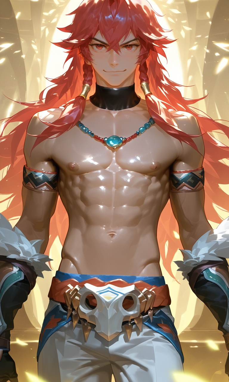 highres,uncensored,shiny_skin,(illustration),yaoi,nsfw,(artist:chimmyming:0.72),(artist:yoneyama mai:0.83),(Krenz Cushart),{smooth},artist:fumio \(snnmfmw\),artist:penguin frontier,nyalia,,goldenfieldszho,depth of field,,1boy,solo,male focus,,front view,cowboy_shot,cang,standing,navel,pants,nipples,long hair,smile,look at the audience,<lora:nyalia:0.6>,<lora:goldenfieldszho:0.4>,<lora:lora-000009.by_tusi:1>